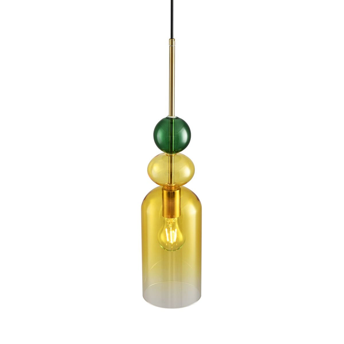 Lampa wisząca Pastello 1xE27 w kolorze złotym i żółtym, wykonana z transparentnego szkła. Ma okrągłe, kolorowe elementy dekoracyjne: zieloną kulę oraz żółte półkulę. Zawieszona na czarnym kablu, podświetla żarówkę.