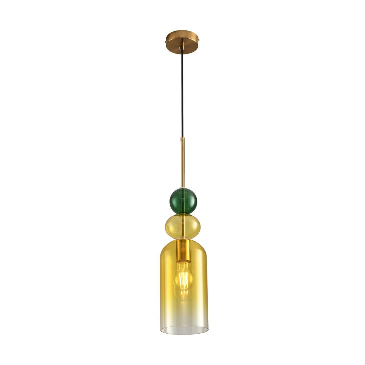 Lampa wisząca Pastello z oprawą w kolorze złotym i kloszem w odcieniach żółtego oraz zielonego. Posiada prosty, cylindryczny kształt z przezroczystego szkła, zawieszona na czarnym przewodzie. Idealna do nowoczesnych wnętrz.