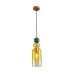 Lampa wisząca Pastello z oprawą w kolorze złotym i kloszem w odcieniach żółtego oraz zielonego. Posiada prosty, cylindryczny kształt z przezroczystego szkła, zawieszona na czarnym przewodzie. Idealna do nowoczesnych wnętrz.