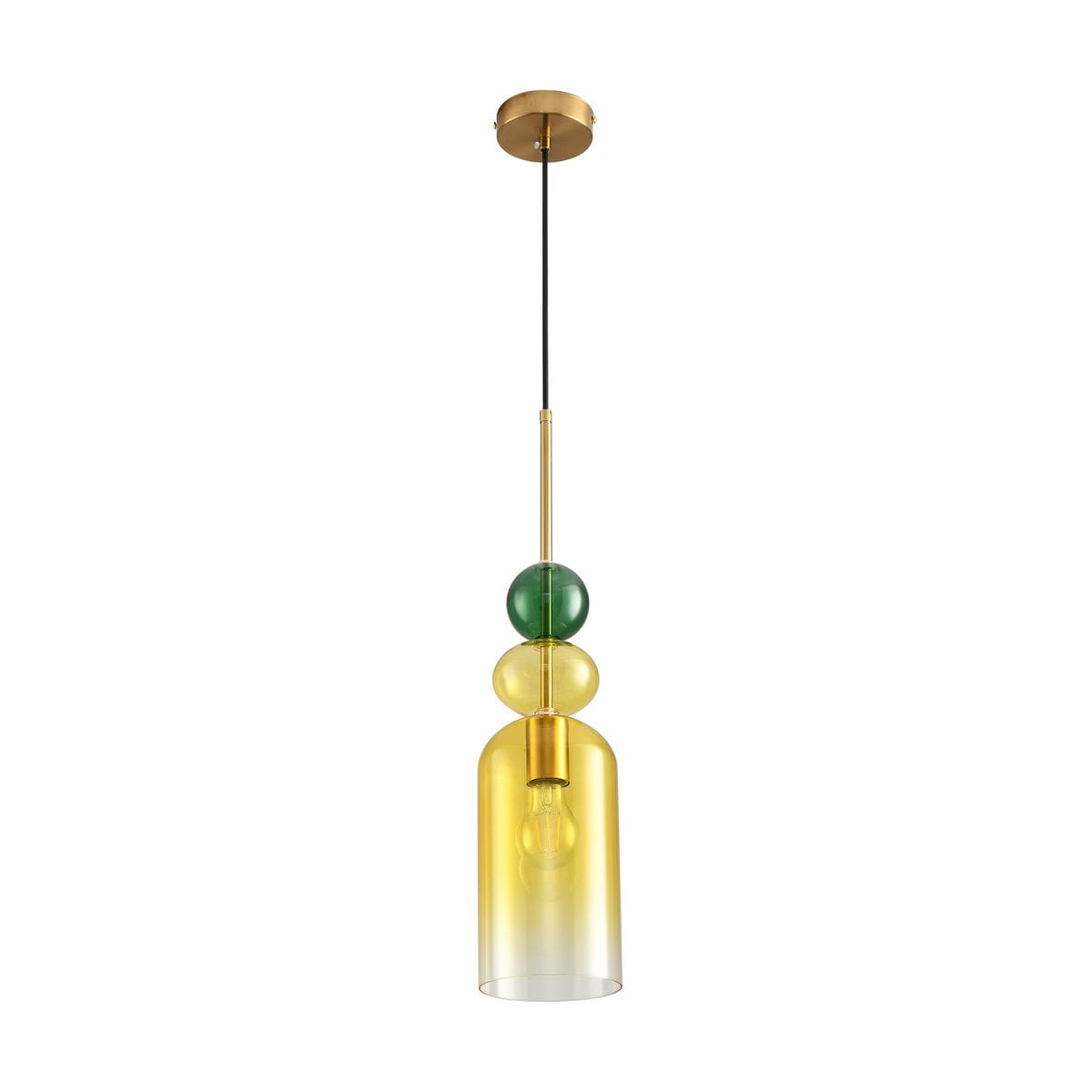 Lampa wisząca Pastello z kloszem w odcieniach żółtego i złotego, z zielonym akcentem. Wysoka, szklana konstrukcja z metalowymi detalami, zawieszona na czarnym przewodzie. Oświetlenie z gniazdem E27, idealna do nowoczesnych wnętrz.