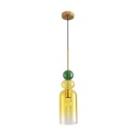 Lampa wisząca Pastello z kloszem w odcieniach żółtego i złotego, z zielonym akcentem. Wysoka, szklana konstrukcja z metalowymi detalami, zawieszona na czarnym przewodzie. Oświetlenie z gniazdem E27, idealna do nowoczesnych wnętrz.