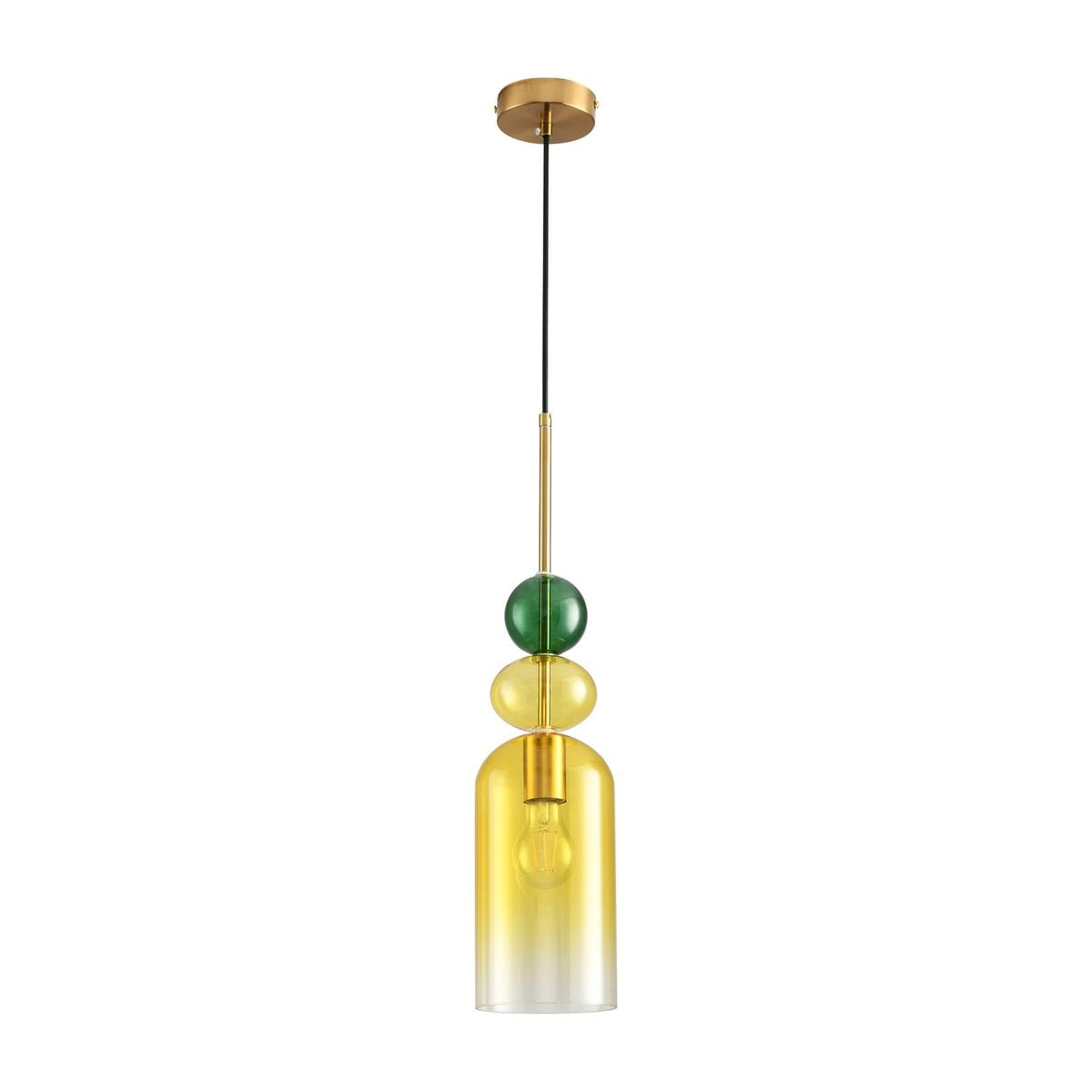 Lampa wisząca Pastello 1xE27 w kolorze złotym i żółtym. Posiada przezroczystą klosz w kształcie dzwonu z gradientem oraz trzy kolorowe elementy: zielony, żółty i przezroczysty. Zawieszona na cienkim czarnym przewodzie, montowana do sufitu.