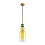 Lampa wisząca Pastello 1xE27 w kolorze złotym i żółtym. Posiada przezroczystą klosz w kształcie dzwonu z gradientem oraz trzy kolorowe elementy: zielony, żółty i przezroczysty. Zawieszona na cienkim czarnym przewodzie, montowana do sufitu.