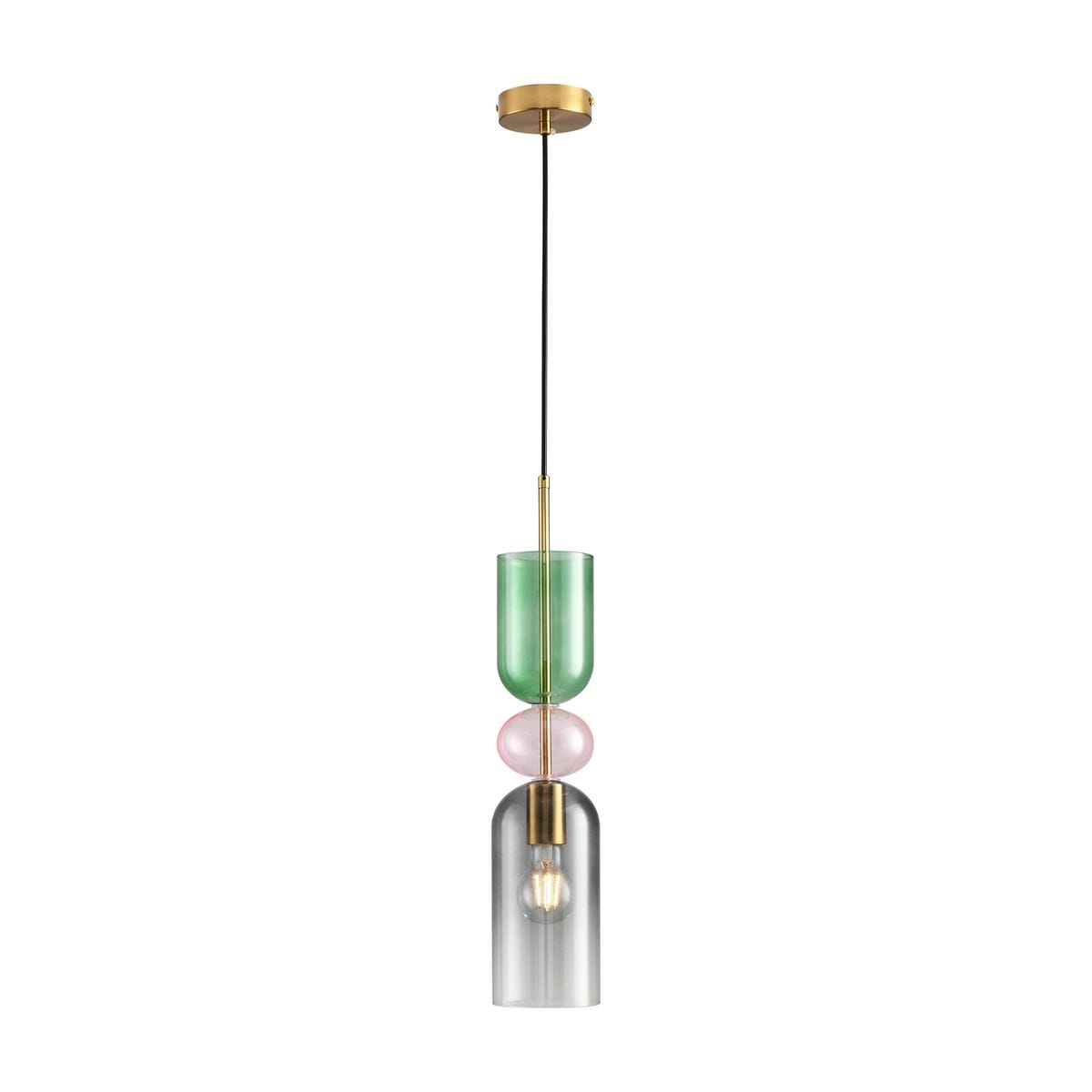 Lampa wisząca Pastello 1xE27 w kolorze złotym i szarym. Składa się z trzech elementów: zielonego i różowego szkła oraz szklanej osłony. Długa czarna linka zawieszenia. Montaż sufitowy, frontalne ujęcie na białym tle.