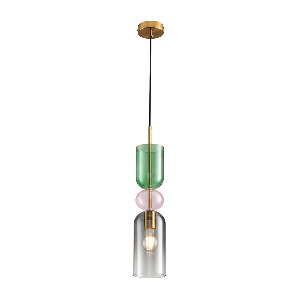 Lampa wisząca Pastello 1xE27 w kolorze złotym i szarym, z trzema szklanymi kloszami: zielonym, różowym i przezroczystym, zawieszona na czarnym przewodzie, z metalowym mocowaniem.