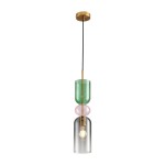 Lampa wisząca Pastello 1xE27 w kolorze złotym i szarym, z trzema szklanymi kloszami: zielonym, różowym i przezroczystym, zawieszona na czarnym przewodzie, z metalowym mocowaniem.
