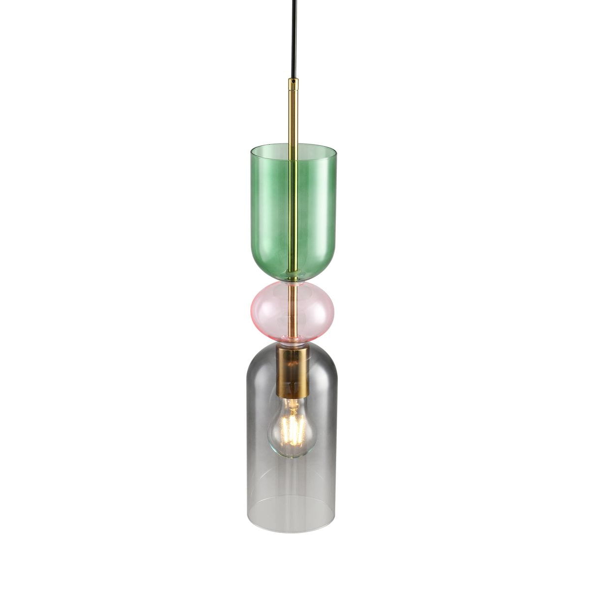Lampa wisząca Pastello z metalowym złotym elementem, składająca się z trzech szklanych kul w kolorach zielonym, różowym i przezroczystym. Posiada oprawę na żarówkę E27, zawieszona na czarnym przewodzie, w pozycji pionowej.