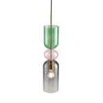 Lampa wisząca Pastello z metalowym złotym elementem, składająca się z trzech szklanych kul w kolorach zielonym, różowym i przezroczystym. Posiada oprawę na żarówkę E27, zawieszona na czarnym przewodzie, w pozycji pionowej.