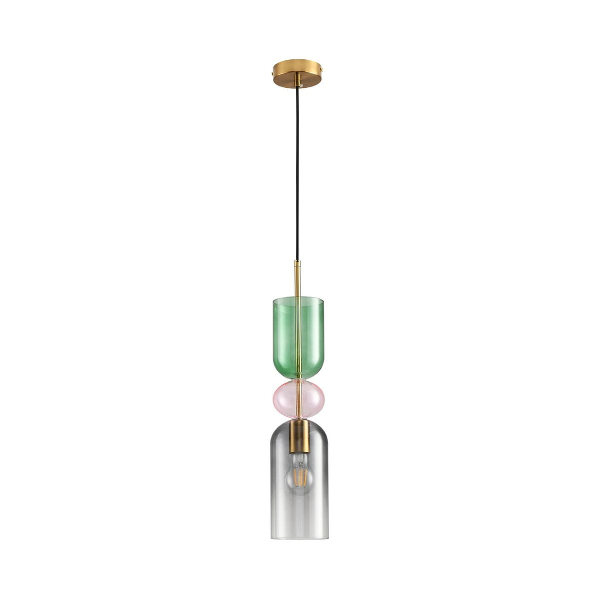 Lampa wisząca Pastello 1xE27 w kolorze złotym i szarym, z trzema szklanymi elementami: przezroczystym kloszem, zielonym i różowym detalem. Zawieszona na czarnym kablu, montowana sufitowo. Idealna do nowoczesnych wnętrz.