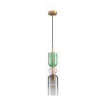 Lampa wisząca Pastello 1xE27 w kolorze złotym i szarym, z trzema szklanymi elementami: przezroczystym kloszem, zielonym i różowym detalem. Zawieszona na czarnym kablu, montowana sufitowo. Idealna do nowoczesnych wnętrz.