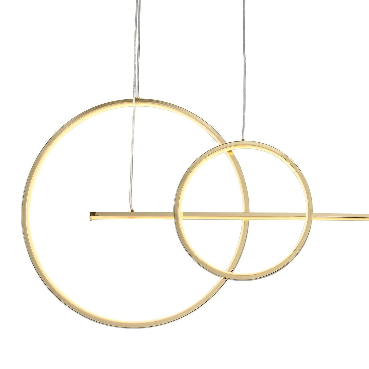 Lampa wisząca New Age 2xLED/40W w kolorze złotym, składająca się z dwóch okręgów i prostokąta. Wisi na cienkich metalowych linkach, emitując ciepłe światło. Kąt ujęcia frontalny, na jednolitym tle. Idealna do nowoczesnych wnętrz.