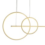 Lampa wisząca New Age 2xLED/40W w kolorze złotym, składająca się z dwóch okręgów i prostokąta. Wisi na cienkich metalowych linkach, emitując ciepłe światło. Kąt ujęcia frontalny, na jednolitym tle. Idealna do nowoczesnych wnętrz.