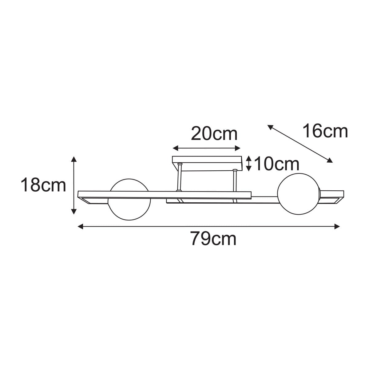 Lampa sufitowa Emir w kolorze czarnym z bursztynowymi kloszami, z dwoma gniazdami G9. Wymiary: długość 79 cm, szerokość 20 cm, wysokość 18 cm. Prosta konstrukcja z okrągłymi kloszami, montowana na suficie.
