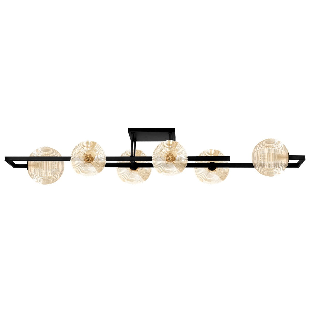 Czarna lampa sufitowa Emir z sześcioma kloszami G9 w bursztynowym kolorze, umieszczona na prostokątnej podstawie. Klosze mają teksturowaną powierzchnię, a całość ma nowoczesny design, idealna do oświetlenia wnętrz.