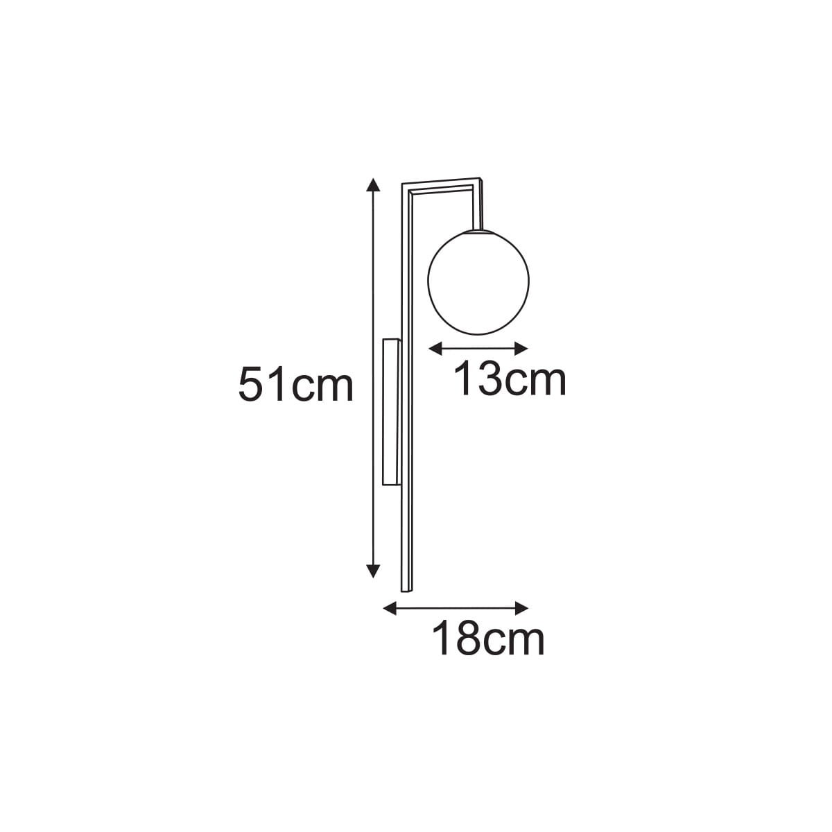 Kinkiet Emir w kolorze czarnym z bursztynową kulą, o wymiarach 51 cm wysokości, 18 cm szerokości i 13 cm głębokości. Montowany na ścianie, z minimalistycznym designem, idealny do nowoczesnych wnętrz.