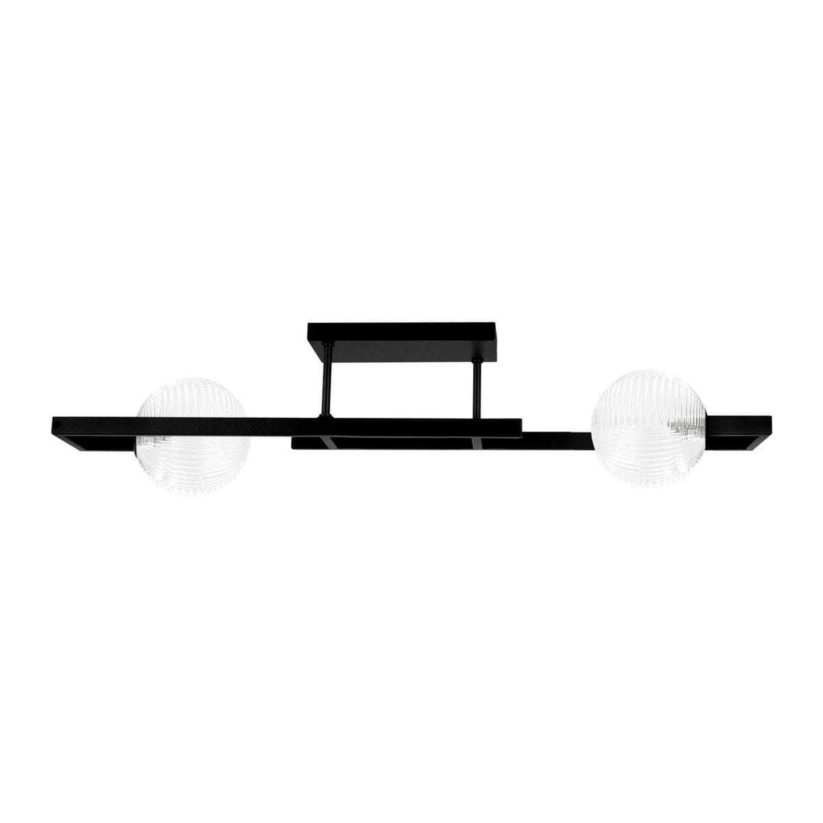 Lampa sufitowa Parma z dwoma oprawami G9, w kolorze czarnym i transparentnym. Posiada prostokątną podstawę oraz dwie kuliste, teksturowane klosze. Zawieszona poziomo, idealna do nowoczesnych wnętrz.