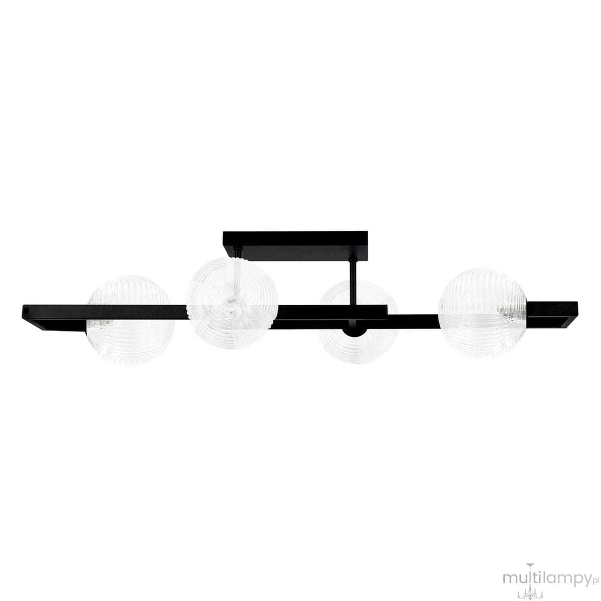 Lampa sufitowa Parma z czarnym metalowym stelażem i czterema przezroczystymi, teksturowanymi kloszami G9. Produkt montowany do sufitu, w układzie poziomym, z widocznymi detalami w postaci rowków na kloszach.