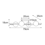 Lampa sufitowa Parma 4xG9 w kolorze czarnym i transparentnym, z prostokątną podstawą o wymiarach 79 cm x 20 cm. Wyposażona w cztery okrągłe klosze, wysokość całkowita 18 cm, z zamontowanym mocowaniem. Idealna do nowoczesnych wnętrz.
