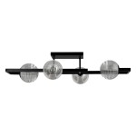 Lampa sufitowa Tores 4xG9 w kolorze czarnym i grafitowym, z metalową konstrukcją. Posiada cztery okrągłe, przezroczyste klosze z żłobieniami, zamontowane na prostokątnej podstawie. Ujęcie frontalne, produkt wiszący.