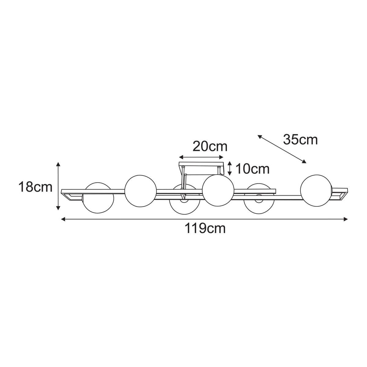 Lampa sufitowa Tores 6xG9 w kolorze czarnym i grafitowym. Ułożona poziomo z sześcioma okrągłymi kloszami. Wymiary: 119 cm długości, 35 cm szerokości, 18 cm wysokości. Prosty design, idealna do nowoczesnych wnętrz.