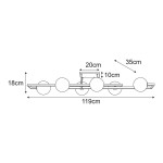 Lampa sufitowa Tores 6xG9 w kolorze czarnym i grafitowym. Ułożona poziomo z sześcioma okrągłymi kloszami. Wymiary: 119 cm długości, 35 cm szerokości, 18 cm wysokości. Prosty design, idealna do nowoczesnych wnętrz.