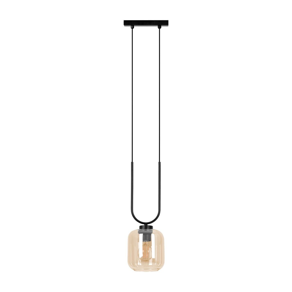 Lampa wisząca Coni 1xE27, czarna z bursztynowym kloszem, zawieszona na dwóch cienkich kablach. Klosz ma prostokątny kształt, przezroczysty materiał. Elementy montażowe w kolorze czarnym. Tło proste, białe.