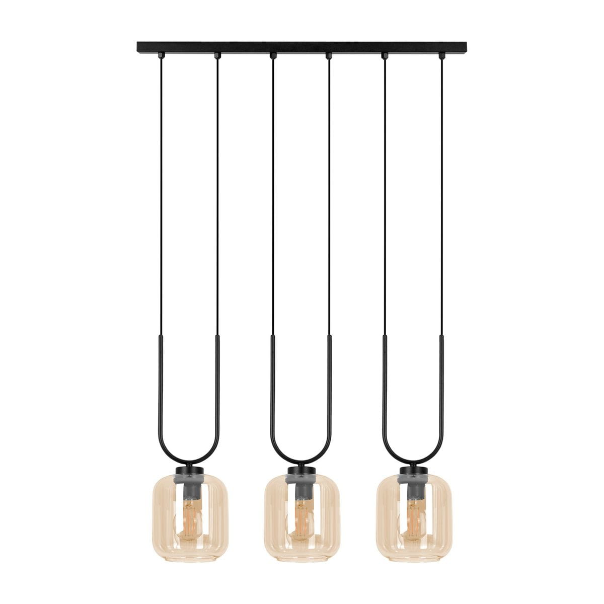 Lampa wisząca Coni z trzema kloszami w kolorze bursztynowym, zawieszona na czarnych linkach. Klosze mają prostokątny kształt, a lampa montowana jest na czarnej, prostokątnej podstawie. Idealna do nowoczesnych wnętrz.