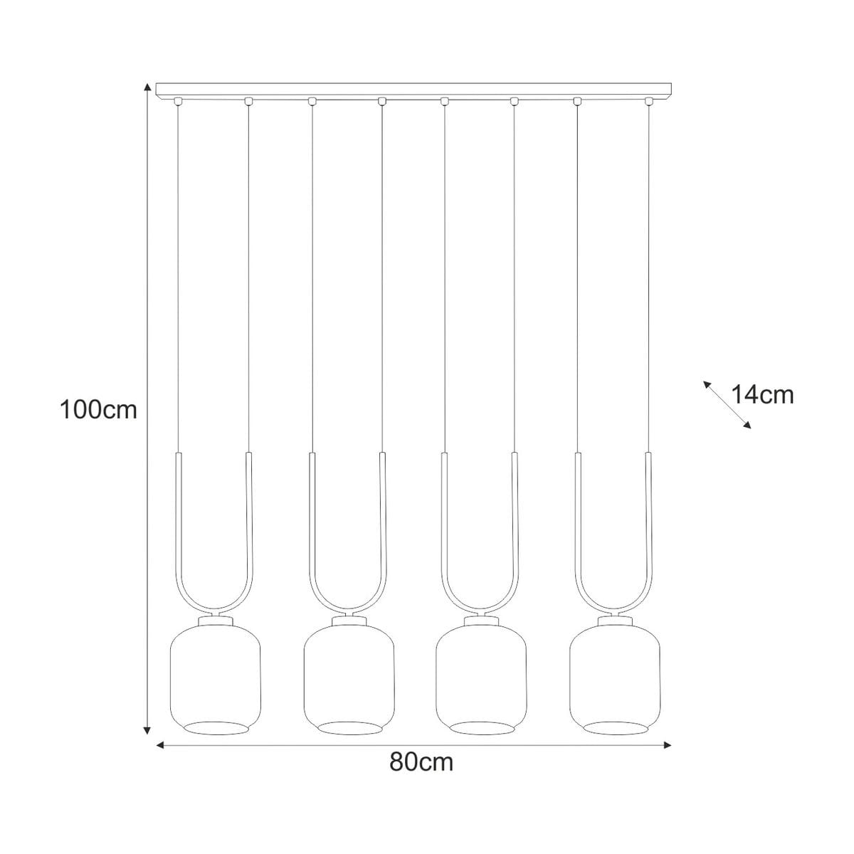 Lampa wisząca Coni 4xE27 w kolorze czarnym z bursztynowymi kloszami, o wymiarach 80 cm szerokości i 100 cm długości. Produkt zawieszony na czterech cienkich linkach, z prostą, minimalistyczną konstrukcją.