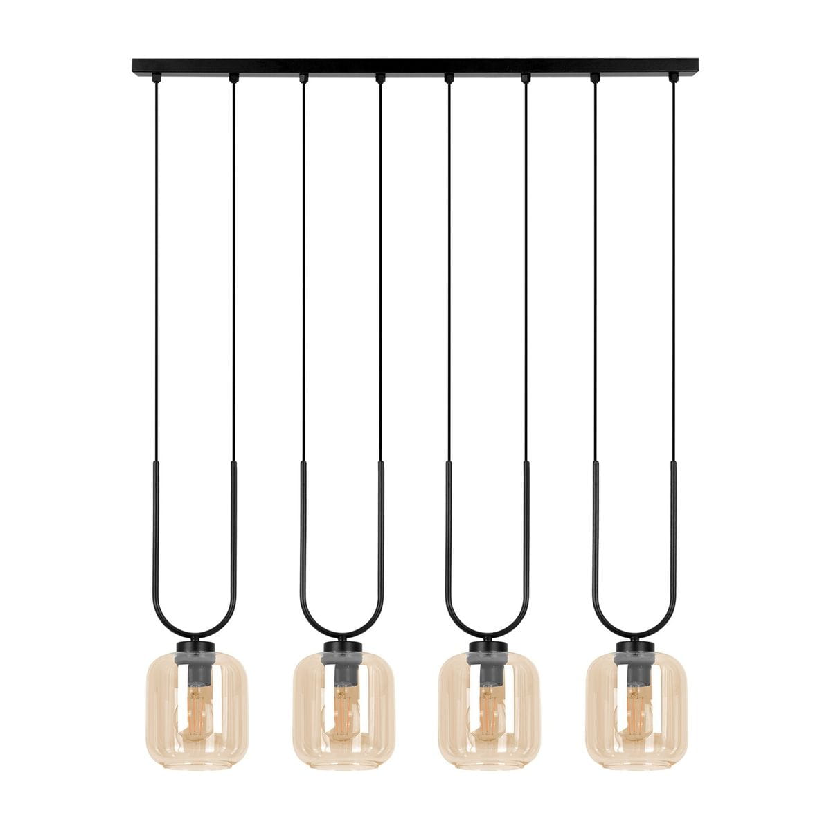 Lampa wisząca Coni 4xE27 w kolorze czarnym z bursztynowymi kloszami. Produkt zawieszony na czterech linkach, z prostokątnym mocowaniem. Klosze mają kształt sześcianu, odsłaniając źródła światła, co podkreśla industrialny styl.