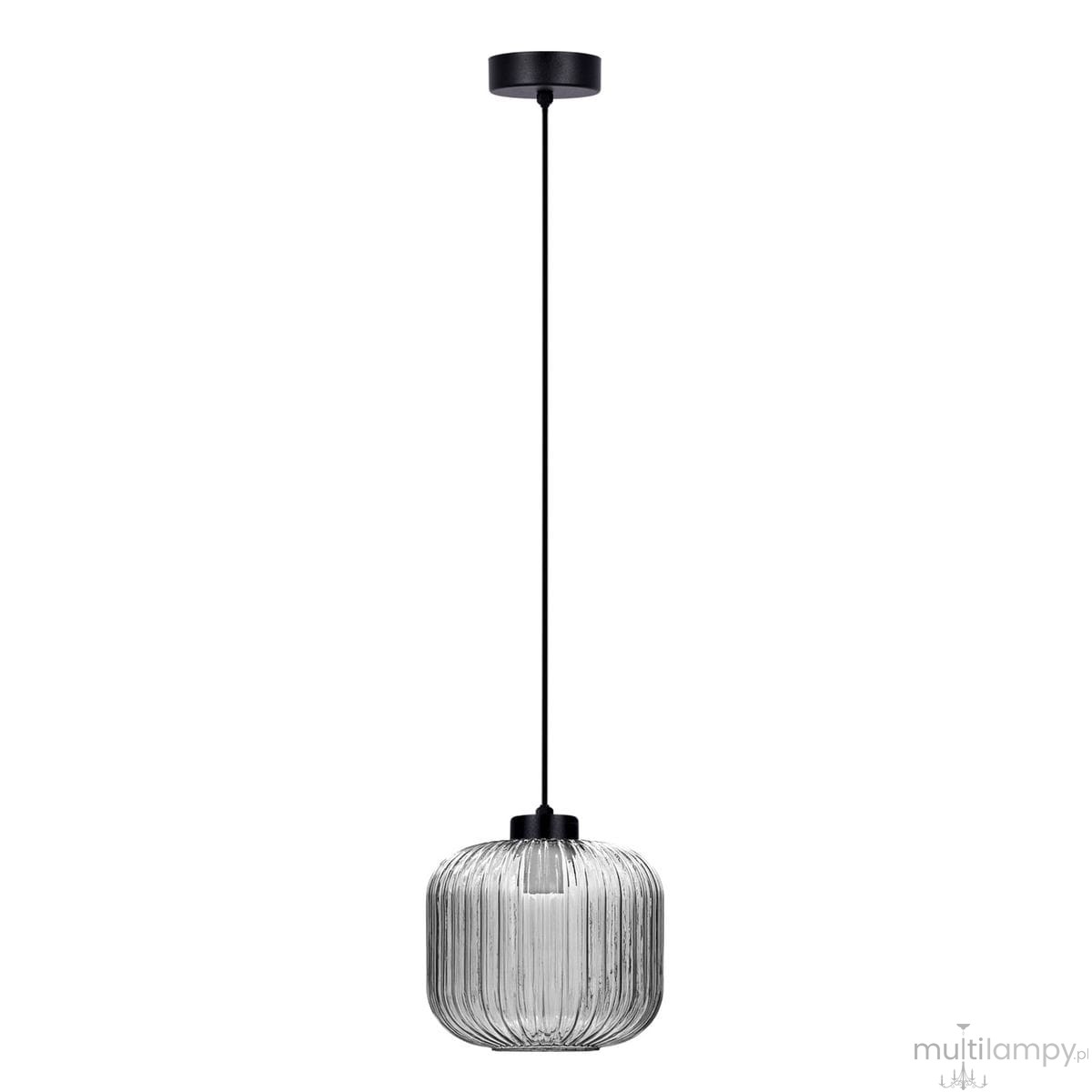 Lampa wisząca Campo D20 w kolorze czarnym i grafitowym, z przeszklonym kloszem o fakturze prążkowanej. Posiada długi, cienki przewód i mocowanie sufitowe. Zastosowanie żarówki E27, idealna do nowoczesnych wnętrz.