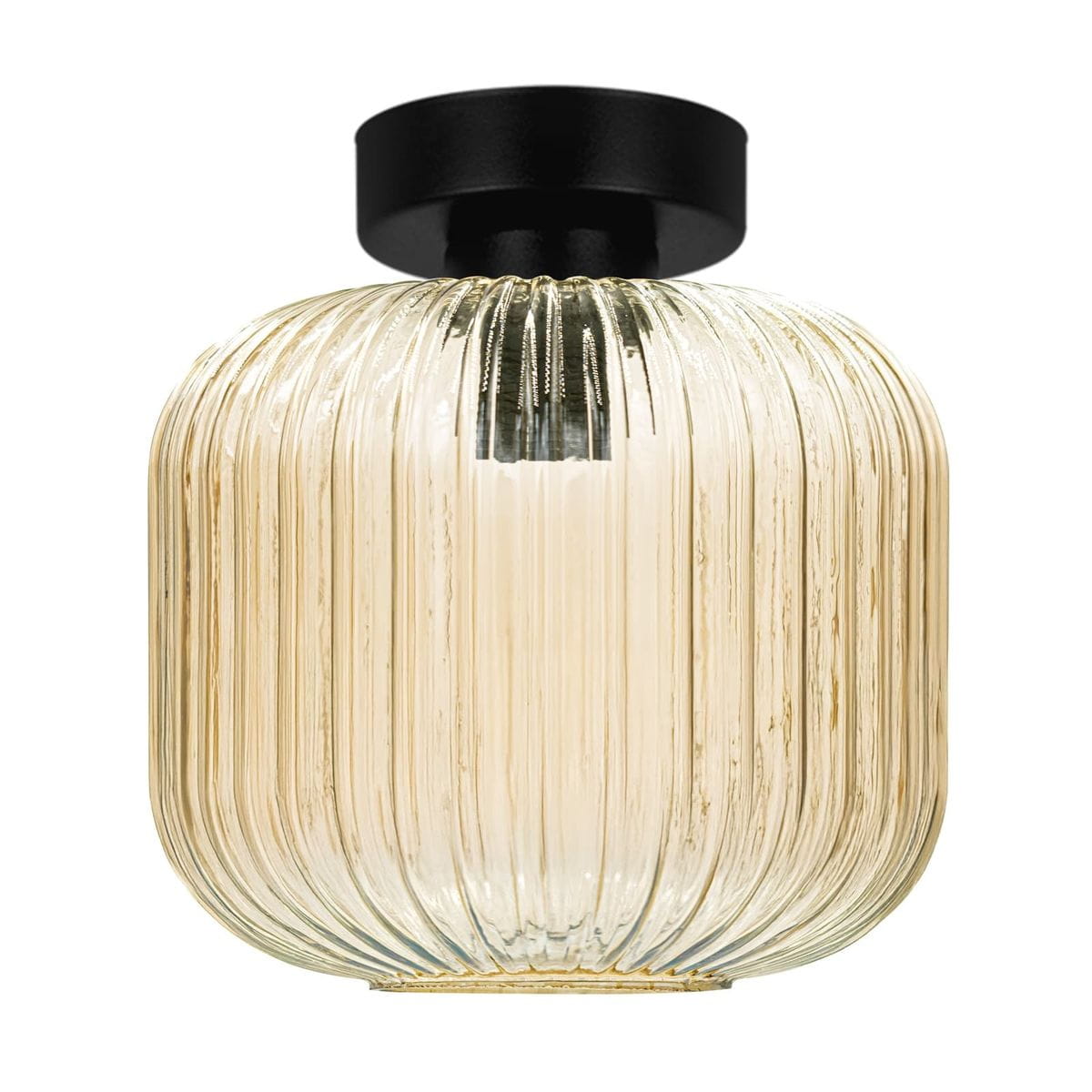 Lampa sufitowa Clark D20 z czarnym metalowym mocowaniem i bursztynowym, żebrowanym kloszem z przezroczystego szkła. Klosz ma okrągły kształt, a źródło światła to żarówka E27. Produkt zamontowany w pozycji wiszącej.