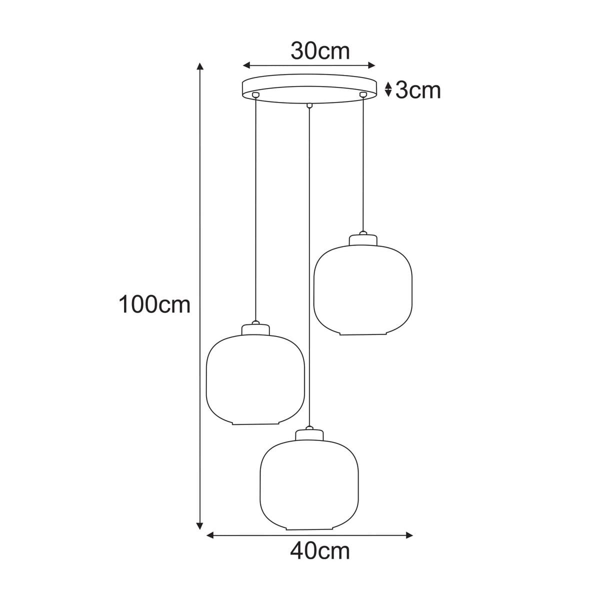 Lampa wisząca Clark z trzema kloszami E27 w kolorze czarnym i bursztynowym. Klosze w kształcie kul, zawieszone na długich linkach, z okrągłą podsufitką. Wymiary: wysokość 100 cm, szerokość 40 cm, średnica kloszy 30 cm.