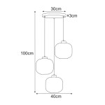 Lampa wisząca Clark z trzema kloszami E27 w kolorze czarnym i bursztynowym. Klosze w kształcie kul, zawieszone na długich linkach, z okrągłą podsufitką. Wymiary: wysokość 100 cm, szerokość 40 cm, średnica kloszy 30 cm.