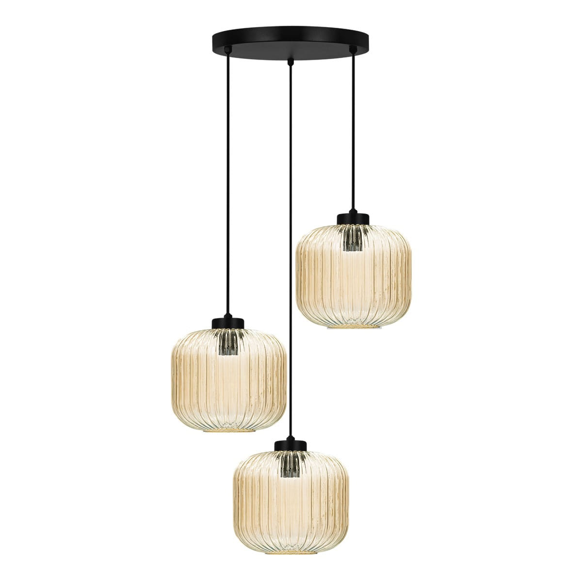 Lampa wisząca Clark 3xE27 w kolorze czarnym z bursztynowymi, szklanymi kloszami o cylindrycznym kształcie. Klosze mają fakturę z pionowymi żłobieniami, zawieszone na czarnych linkach z okrągłą podsufitką.
