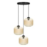 Lampa wisząca Clark 3xE27 w kolorze czarnym z bursztynowymi, szklanymi kloszami o cylindrycznym kształcie. Klosze mają fakturę z pionowymi żłobieniami, zawieszone na czarnych linkach z okrągłą podsufitką.