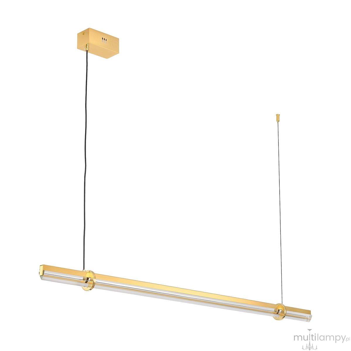 Lampa wisząca Lovely 120 LED z metalową, złotą obudową. Prosta linia, przezroczysty klosz. Powieszona na cienkim drucie, z prostokątnym mocowaniem sufitowym. Oświetlenie 11W, barwa ciepła 3000K. Idealna do nowoczesnych wnętrz.