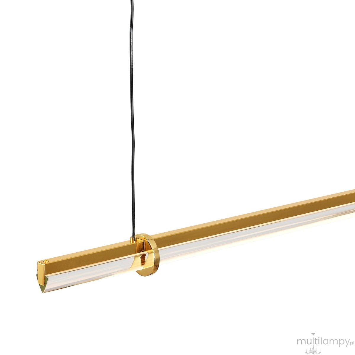 Lampa wisząca Lovely 120 w kolorze złotym, o długości prostokątnej, z przezroczystym kloszem. Zawieszona na czarnym przewodzie, z elementem mocującym w formie pierścienia. Źródło światła LED, moc 11W, barwa 3000K.