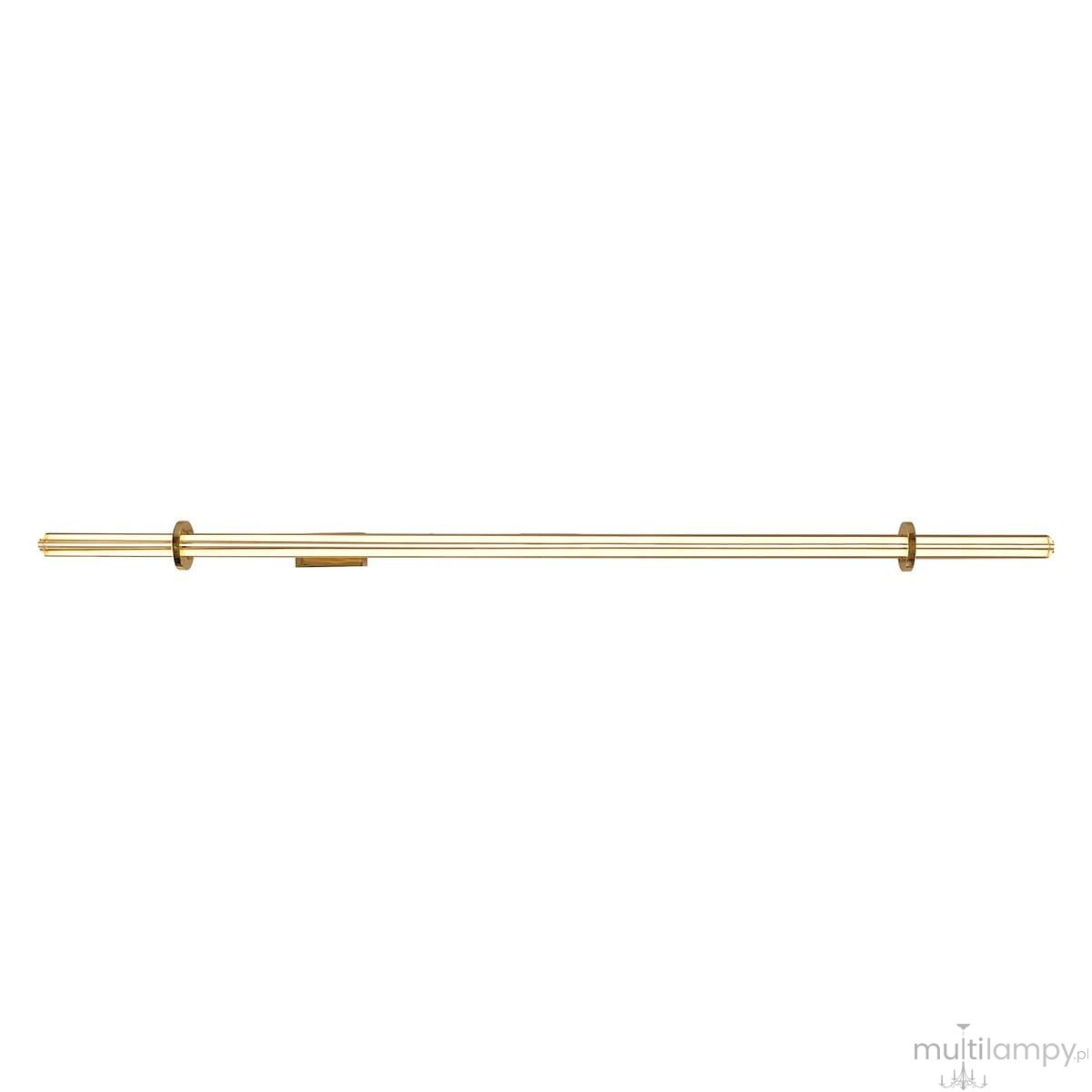 Lampa wisząca Lovely 120 w kolorze złotym, długość prostokątna, z dwoma okrągłymi mocowaniami. Źródło światła LED o mocy 11W i temperaturze barwowej 3000K, zamontowana w pozycji poziomej. Tło białe, minimalistyczne.