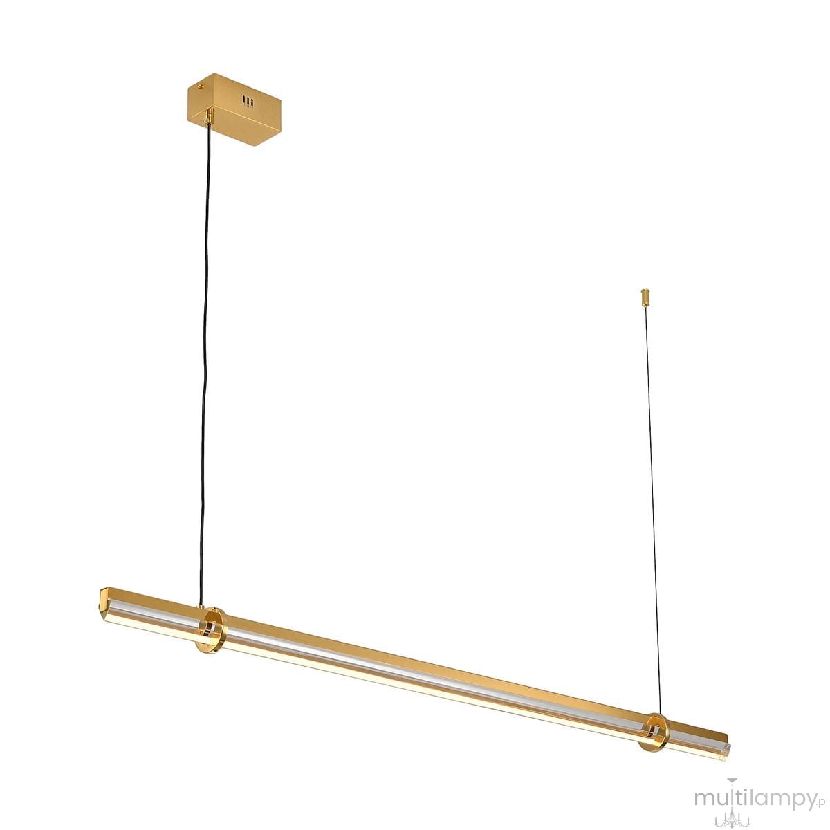 Lampa wisząca Lovely 120 LED w kolorze złotym, długości 120 cm, z matowym wykończeniem. Posiada prostokątny uchwyt sufitowy oraz czarny przewód, zawieszona w pozycji poziomej. Emituje ciepłe światło o temperaturze 3000K.