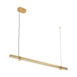 Lampa wisząca Lovely 120 LED w kolorze złotym, długości 120 cm, z matowym wykończeniem. Posiada prostokątny uchwyt sufitowy oraz czarny przewód, zawieszona w pozycji poziomej. Emituje ciepłe światło o temperaturze 3000K.