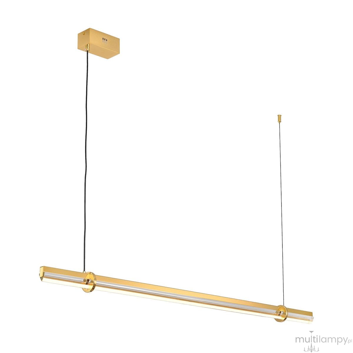 Lampa wisząca LED Lovely 120, 11W, 3000K w kolorze złotym. Prosty, długi kształt z przezroczystymi elementami. Zawieszona na cienkim przewodzie, z kwadratowym, złotym mocowaniem sufitowym. Idealna do nowoczesnych wnętrz.