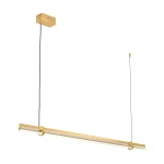 Lampa wisząca LED Lovely 120, 11W, 3000K w kolorze złotym. Prosty, długi kształt z przezroczystymi elementami. Zawieszona na cienkim przewodzie, z kwadratowym, złotym mocowaniem sufitowym. Idealna do nowoczesnych wnętrz.