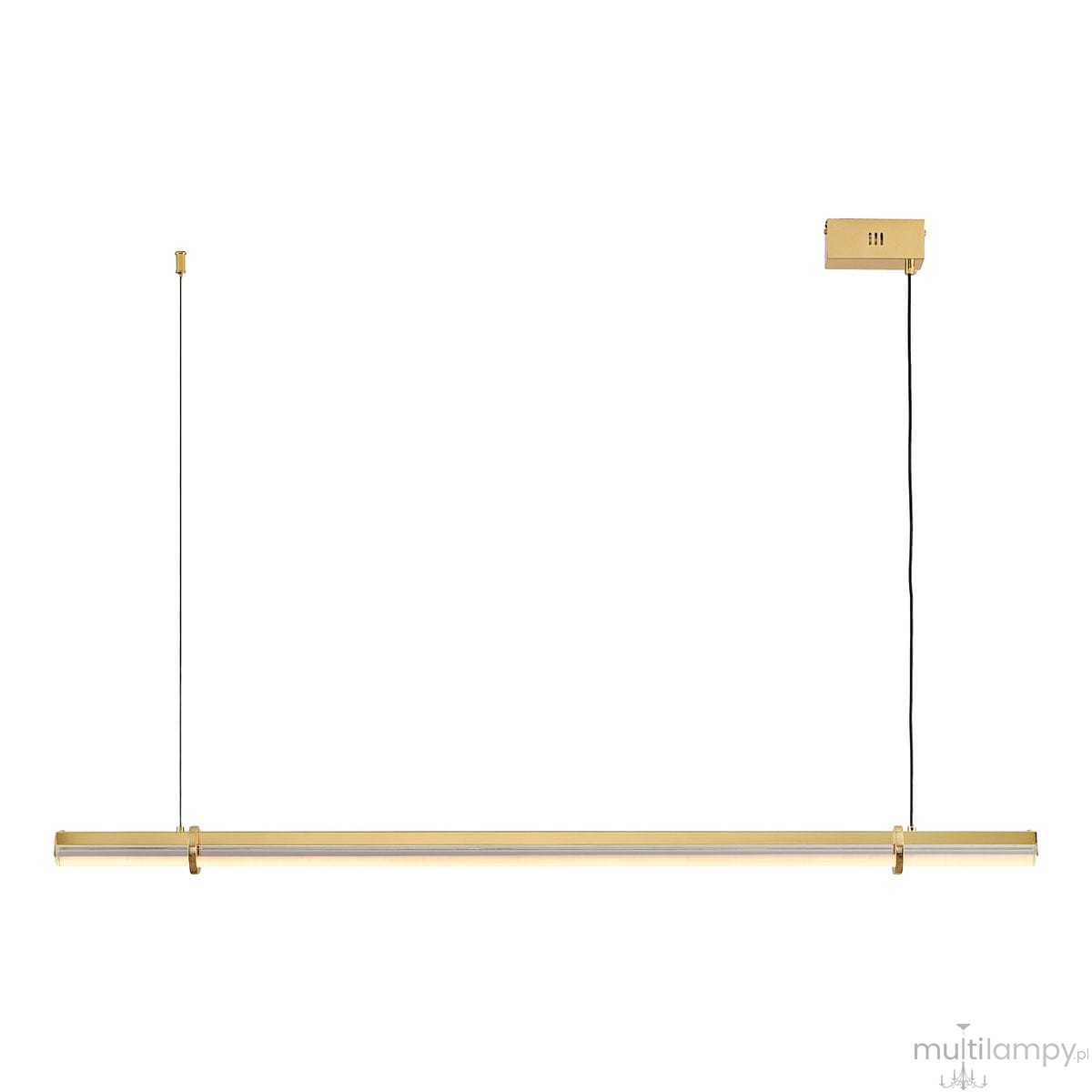 Lampa wisząca LED Lovely 120 w kolorze złotym, o długości 120 cm, z mocą 11W i temperaturze barwowej 3000K. Ułożona poziomo, z zawieszeniem na cienkim przewodzie. Widoczna konstrukcja z metalu i szkła, minimalistyczny design.