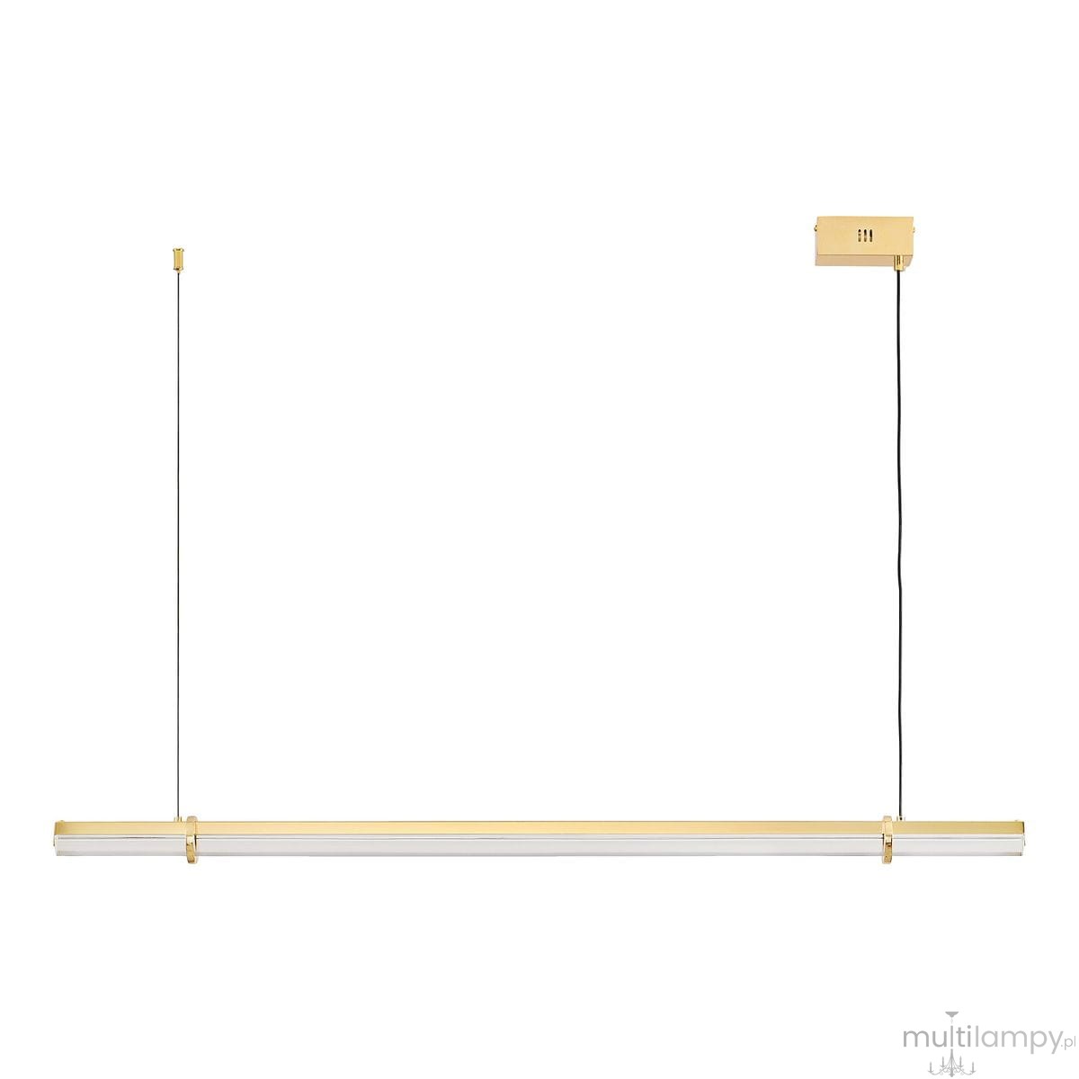 Lampa wisząca Lovely 120, LED 11W, 3000K, w kolorze złotym. Posiada prostokątną konstrukcję z przezroczystym kloszem i złotymi detalami. Ujęcie z boku, wisi na cienkim przewodzie, z widocznym zasilaczem. Idealna do nowoczesnych wnętrz.