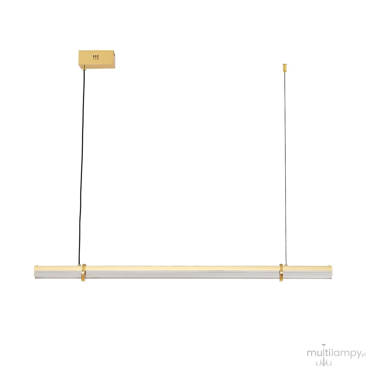 Lampa wisząca LED Lovely 100 o mocy 9W i barwie światła 3000K, w złotym kolorze, z prostokątnym kloszem z przezroczystego materiału. Zawieszona na cienkim, czarnym przewodzie. Montaż sufitowy z minimalistycznym designem.
