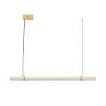 Lampa wisząca LED Lovely 100 o mocy 9W i barwie światła 3000K, w złotym kolorze, z prostokątnym kloszem z przezroczystego materiału. Zawieszona na cienkim, czarnym przewodzie. Montaż sufitowy z minimalistycznym designem.