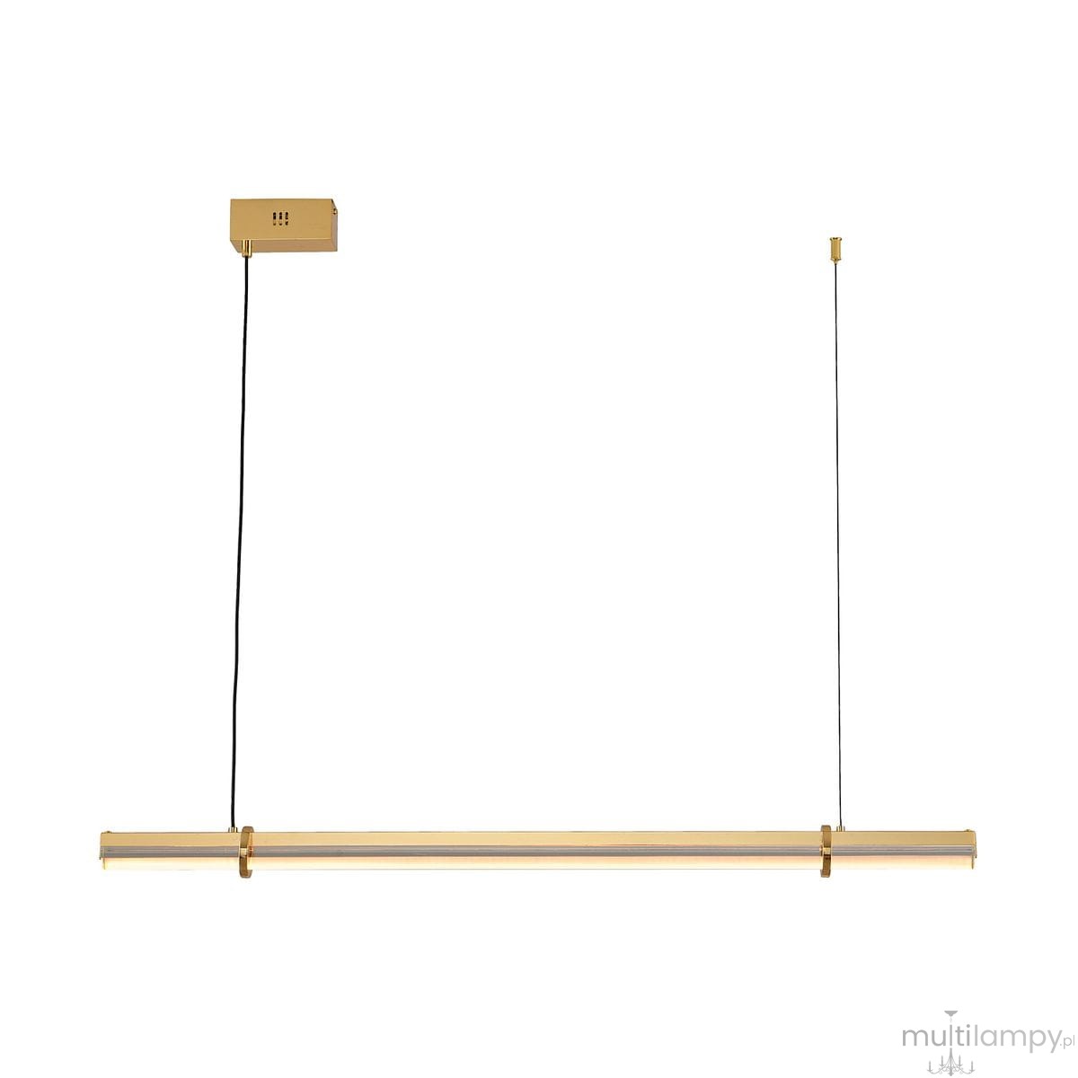 Lampa wisząca LED Lovely 100 o długości 100 cm, złota, z mocą 9W i temperaturą barwową 3000K. Prosta forma, zawieszona na cienkim przewodzie, przytwierdzona do sufitu. Widoczna minimalistyczna konstrukcja i elegancki design.