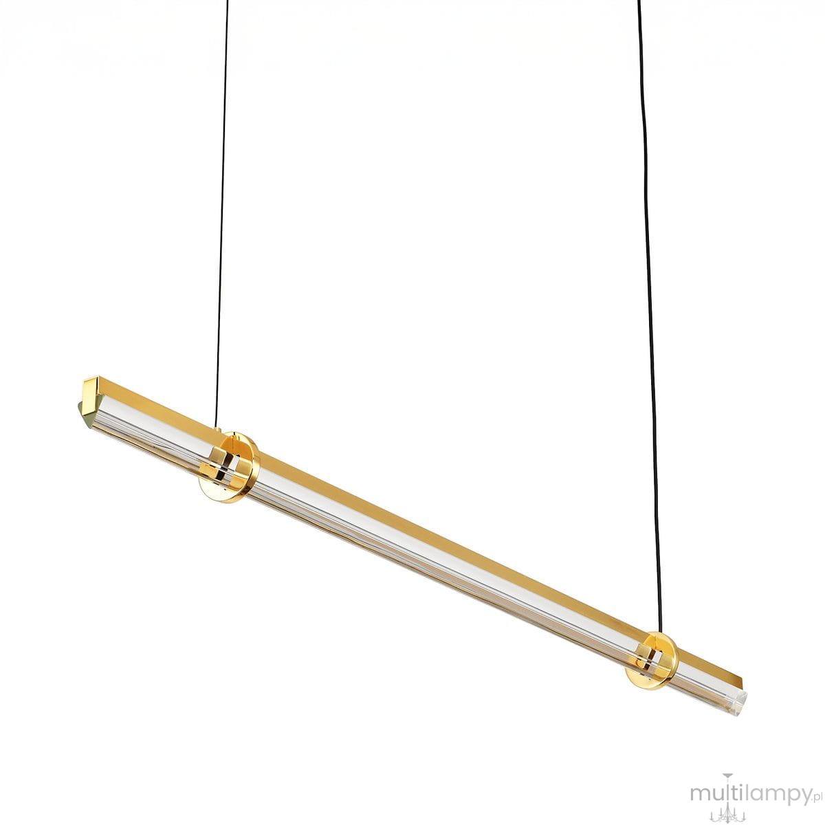Lampa wisząca LED Lovely 100, złota, długość prostokątna z przezroczystymi akcentami. Zawieszona na czarnym przewodzie, emitująca światło o temp. barwowej 3000K. Elegancki design, idealna do nowoczesnych wnętrz.