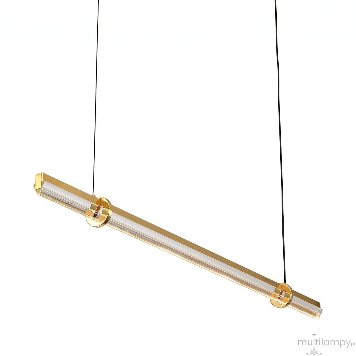 Lampa wisząca LED Lovely 100 w złotej obudowie, długości prostokątnej, z przezroczystym kloszem. Zawieszona na czarnym przewodzie, emitująca ciepłe światło (3000K), idealna do nowoczesnych aranżacji wnętrz.