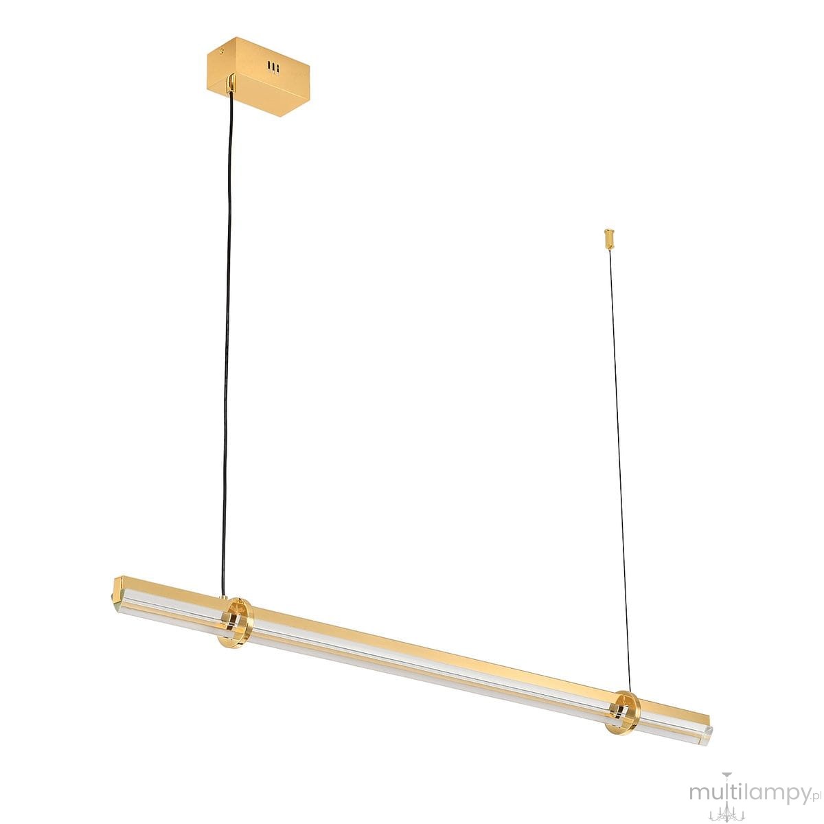 Lampa wisząca LED Lovely 100 w złotym kolorze, z prostokątnym kloszem i przezroczystymi detalami. Powieszone na czarnym przewodzie, z montażem sufitowym. Wymiary i styl minimalistyczny, idealna do nowoczesnych wnętrz.